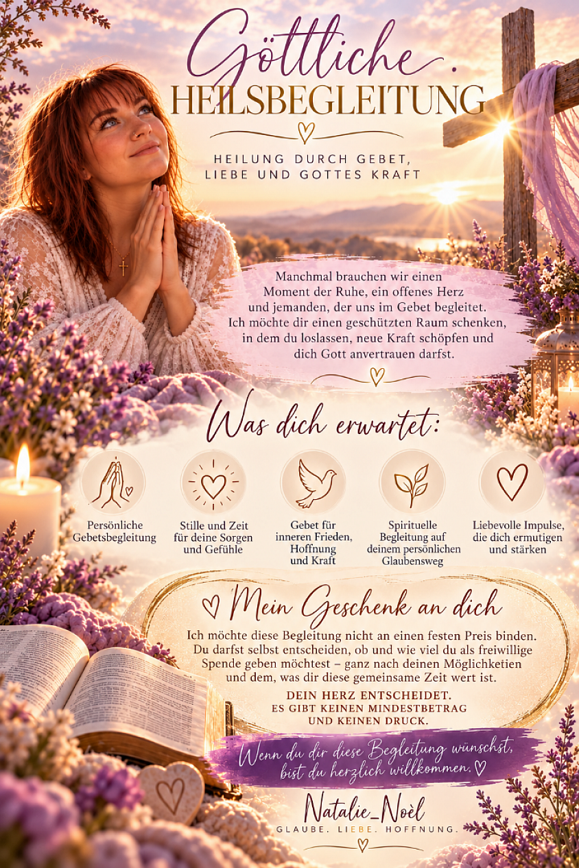 ✨ Göttliche Heilsbegleitung  Heilung durch Gebet, Liebe und Gottes Kraft  Manchmal brauchen wir einen Moment der Ruhe, ein offenes Herz und jemanden, der uns im Gebet begleitet.  Ich möchte dir einen geschützten Raum schenken, in dem du loslassen, neue Kraft schöpfen und dich Gott anvertrauen darfst.  🙏 Was dich erwartet:  - Heilung durch Jesus-Christus   🤍 Mein Geschenk an dich  Ich möchte diese Begleitung nicht an einen festen Preis binden. Allerdings sind 12. Euro der mindestsatz den ich einfordere. Du darfst selbst entscheiden, ob und wie viel du als freiwillige Spende geben möchtest – ganz nach deinen Möglichkeiten und dem, was dir diese gemeinsame Zeit wert ist.   Dein Herz entscheidet.   Wenn du dir diese Begleitung wünschst, bist du herzlich willkommen.  In Liebe und im Vertrauen auf Gott.  Natalie_Noèl – Glaube. Liebe. Hoffnung.