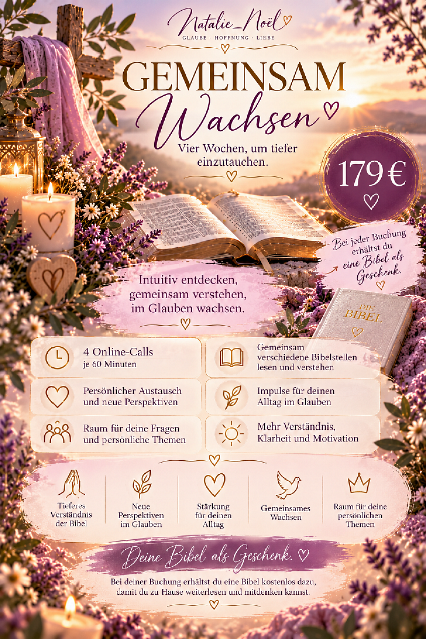 Gemeinsam wachsen  Vier Wochen, um tiefer in Gottes Wort einzutauchen  4 Wochen · 4 Online-Calls à 60 Minuten · 179 €  Manchmal braucht es Zeit, Ruhe und einen Menschen, mit dem man seine Gedanken teilen kann.  Mit Gemeinsam wachsen nehmen wir uns vier Wochen Zeit, um die Bibel zusammen zu entdecken. Wir lesen ausgewählte Bibelstellen, sprechen über ihre Bedeutung und betrachten, welche Gedanken und Fragen daraus entstehen.  Du musst kein Vorwissen mitbringen. Du darfst einfach so kommen, wie du bist – mit deiner Neugier, deinen Fragen und deinem persönlichen Glaubensweg.  Ich begleite dich dabei, eigene Zugänge zur Bibel zu finden, Zusammenhänge besser zu erkennen und neue Perspektiven für deinen Alltag zu entdecken.  Das erwartet dich:  - 4 persönliche Online-Calls à 60 Minuten - Gemeinsames Lesen und Verstehen verschiedener Bibelstellen - Intuitiver Austausch und persönliche Reflexion - Raum für deine Fragen und Gedanken - Neue Impulse, die dich im Alltag begleiten können  🎁 Eine Bibel für dich – kostenlos dazu  Bei deiner Buchung schenke ich dir eine Bibel, damit du zwischen unseren Calls selbst weiterlesen und deine Gedanken vertiefen kannst.  Vier Wochen für dich, deinen Glauben und deine persönliche Entdeckungsreise durch die Bibel.  Gemeinsam entdecken. Tiefer verstehen. Im Glauben wachsen.  Von Herzen, Natalie_Noèl ♡